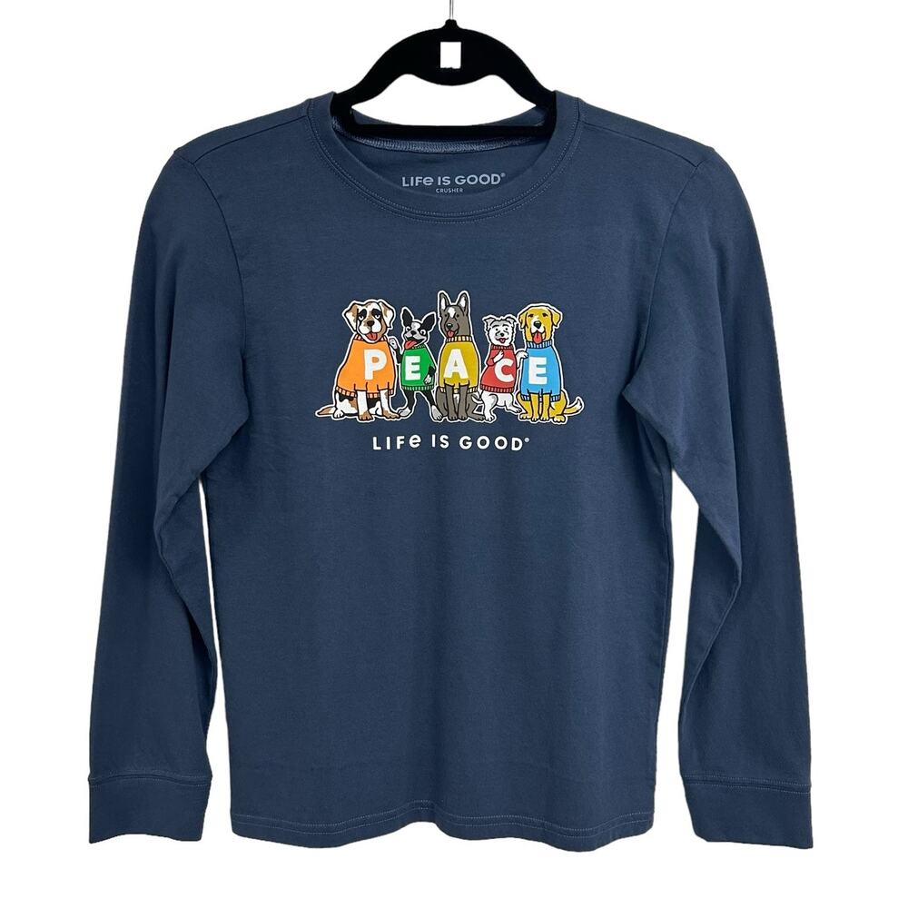 NWT Life is Good Kids Navy Multi Peace Dogs Graphic Long Sleeve Tee Youth Large